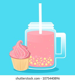 Milkshake in jars with cupcake on blue background. Can use for cocktail menu bar. Vector illustration EPS 10