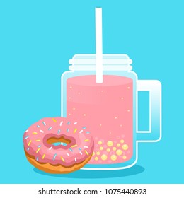 Milkshake in jars with donut on blue background. Can use for cocktail menu bar. Vector illustration EPS 10.
