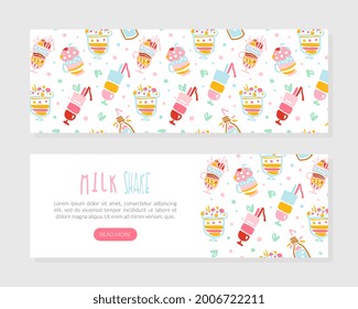 Milkshake Landing Page Template, Healthy Ice Cream Drinks and Fresh Milk Beverages Website Interface Vector Illustration