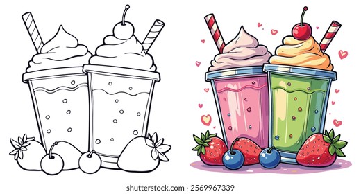 Milkshake Line Art Vector Illustration Black and White with Coloring Sample. Bold and Easy Food Drinks and Snacks Coloring Pages for Adults and Kids.