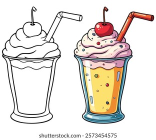 Milkshake Line Art Vector Illustration Black and White with Coloring Sample. Bold and Easy Food, Sweets, Drinks, Dessert, and Snacks Coloring Pages for Adults and Kids.