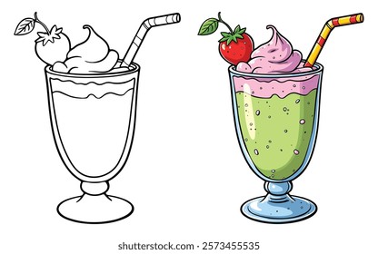 Milkshake Line Art Vector Illustration Black and White with Coloring Sample. Bold and Easy Food, Sweets, Drinks, Dessert, and Snacks Coloring Pages for Adults and Kids.