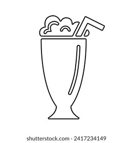 Milkshake line icon, black outline on white. Sweet drink with creamy froth in tall glass with straw. Vector clipart element, logo of minimalist design, illustration of non-alcoholic or kids beverage.