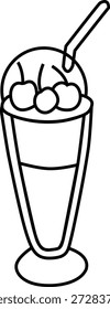 Milkshake Line Icon with Straw and Ice Cream Scoop – Minimal Black and White Outline Vector Illustration