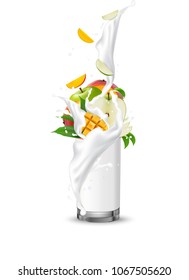 Milkshake mango apple fruit cocktail. Milk splash swirl in the realistic glass. Mango and apple slices falling into the glass. 3d Realistic Vector.