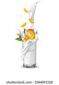 Milkshake mango fruit cocktail. Milk splash swirl in the realistic glass. Mango slices falling into the glass. Vector.