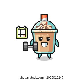 milkshake mascot cartoon doing fitness with dumbbell milkshake character cartoon with shocked gesture , cute style design for t shirt, sticker, logo element