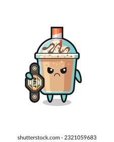 milkshake mascot character as a MMA fighter with the champion belt , cute style design for t shirt, sticker, logo element