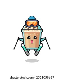 milkshake mascot character as a ski player , cute style design for t shirt, sticker, logo element