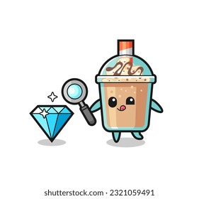 la mascota milkshake está revisando la autenticidad de un diamante , diseño de estilo lindo para camiseta, pegatina, elemento logo