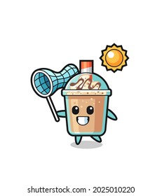milkshake mascot illustration is catching butterfly , cute style design for t shirt, sticker, logo element