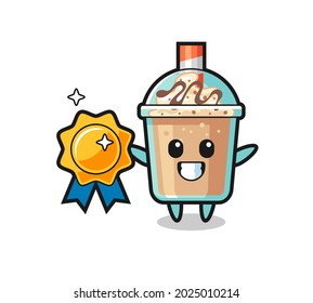 milkshake mascot illustration holding a golden badge , cute style design for t shirt, sticker, logo element