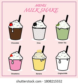 Milkshake menu set vector designs , chocolate, Oreo, Green tea, strawberry, Banana, Milk shake