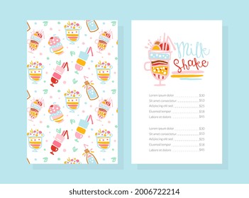 Milkshake Menu Template Design with Space for Text, Healthy Ice Cream Drinks and Fresh Milk Beverages Card, Flyer, Banner Vector Illustration