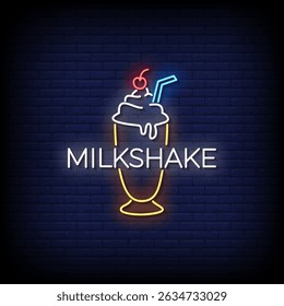 sinal de néon milkshake com vetor de fundo de parede de tijolo