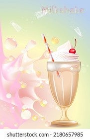 Milkshake on pastel background with splashes and drops. banner design template
