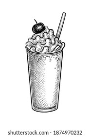 Milkshake in paper or plastic cup with lid and straw. Ink sketch isolated on white background. Hand drawn vector illustration. Retro style.