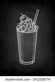 Milkshake in paper or plastic cup with lid and straw. Chalk sketch on blackboard background. Hand drawn vector illustration. Retro style.