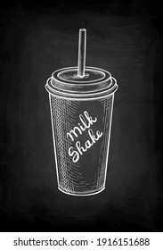 Milkshake in paper or plastic cup with lid and drinking straw. Chalk sketch on blackboard background. Hand drawn vector illustration. Retro style.