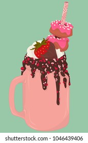 Milkshake in a pink jar with strawberry and donuts on green background