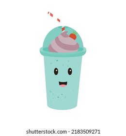 Milkshake in plastic cup with berry cream, strawberry and with kawaii eyes. Drink sweet design illustration
