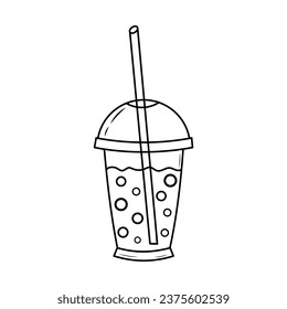 Milkshake in a plastic cup with a straw. Street food linear icon. Takeaway doodle drink.