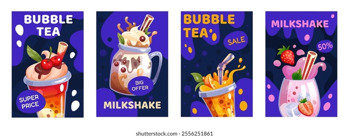 Milkshake poster. Ad for milk chocolate drink. Glass shake cocktail. Menu with liquid dessert cup, coffee and yogurt. Bubble tea with tapioca balls. Background bar. Vector tidy cartoon banners set