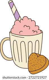 Batido en una taza acanalada con paja y galleta de corazón, dibujo de línea limpia. Confort, trato, ambiente de café y concepto de bocadillo dulce para el menú o marca. Ilustración vectorial de dibujos animados.