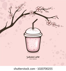 Milkshake and sakura branch. Hanami  vector illustration. Yummy drink collection. Asian tradition elements.