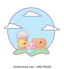 milkshake with set food in landscape kawaii style