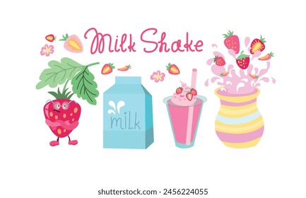 Milkshake set. Stawberry milk coctails flat style with berries.