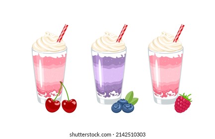 Milkshake set. Vector cartoon illustration of berry cocktail with whipped cream in glass cup. Summer drink flat icon. Blueberry, raspberry and cherry dairy dessert.