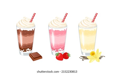 Milkshake set. Vector cartoon illustration of sweet vanilla, chocolate  and strawberry cocktail with whipped cream in glass cup. Summer drink flat icon. 