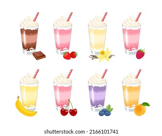 Milkshake set. Vector cartoon illustration of sweet vanilla, chocolate, blueberry, raspberry, cherry, apricot, banana, and strawberry cocktail with whipped cream in glass cup. Summer drink flat icon.