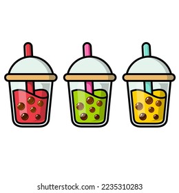 Milkshake set. Vector cartoon illustration of sweet vanilla, chocolate and strawberry cocktail with whipped cream in glass cup. Summer drink flat.