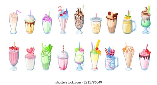 Milkshake set vector illustration. Cartoon isolated sweet summer drink with milk, fruit and berry, drinking cocktail with whipped cream and chocolate topping in glass for cafe, bar menu collection