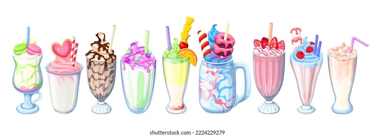 Milkshake set vector illustration. Cartoon isolated milkshake in glass cup or jar with handle and straw, milk cocktail and cold dessert with whipped cream, candy sticks, fruit and marshmallow