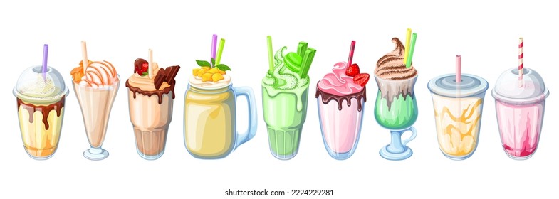 Milkshake set vector illustration. Cartoon isolated plastic or glass cups with milk drink, straw and sweet food, cocktail dessert with chocolate and caramel sauces, matcha tea and mango fruit