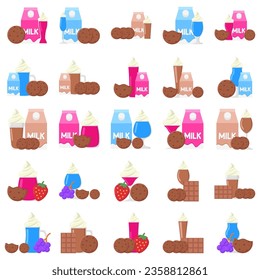 Milkshake set vector illustration. Cartoon isolated plastic or glass cups with milk drink, straw and sweet food, cocktail dessert with chocolate and caramel sauces, matcha tea and mango fruit