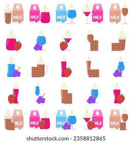 Ilustración vectorial del conjunto de levadizos. Dibujo aislado de vasos plásticos o de vidrio con bebida de leche, paja y comida dulce, postre de cóctel con salsa de chocolate y caramelo, té matcha y fruta de mango