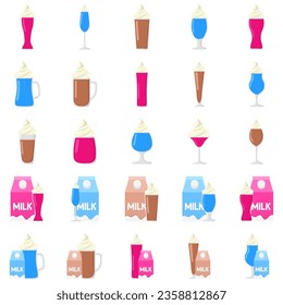 Milkshake set vector illustration. Cartoon isolated plastic or glass cups with milk drink, straw and sweet food, cocktail dessert with chocolate and caramel sauces, matcha tea and mango fruit