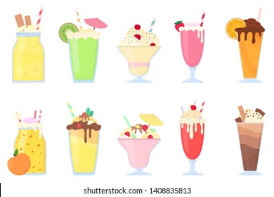 Milkshake, smoothie, cocktail set. Milk and fruit cocktails with topping, waffles, chocolate, peach, ice cream, strawberry, cherry, etc. Summer drinks. Isolated vector illustration