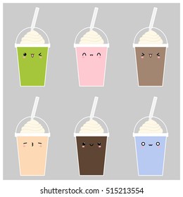 milkshake, or smoothie, or cold coffee with whipped cream take away cups. set of vector flat cold coffee cocktail take away cup  