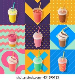 Milkshake Or Smoothie Take Away Cups, Isometric Vector Illustration