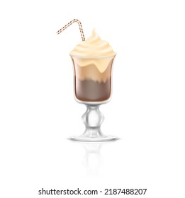Milkshake with soft serve ice cream and garnish. Milky cocktail in realistic tall glass on white background. Summer cold beverage drink with chocolate and whipped cream. Vector illustration