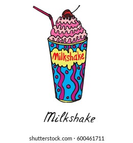 Milkshake with  straw and cherry on the top, hand drawn doodle, sketch in pop art style, vector