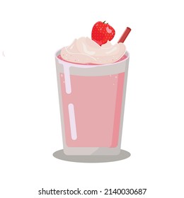 milkshake with a straw with fresh strawberries in a transparent glass