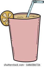 Milkshake with a straw and a slice of orange or lemon. Cartoon color vector illustration. Isolated on a white background.