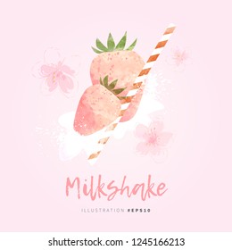 Milkshake with strawberry, cocktail tube and pink flowers vector background design. Sweet drink drawn in watercolor style.