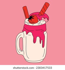 A milkshake with a strawberry and ice cream cone.